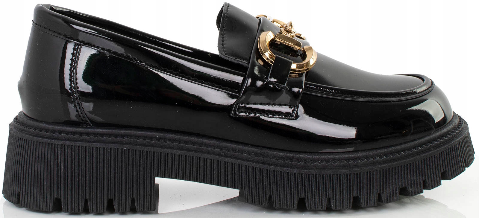 7202 Czarne Mokasyny Lakierowane Z Łańcuchem 37