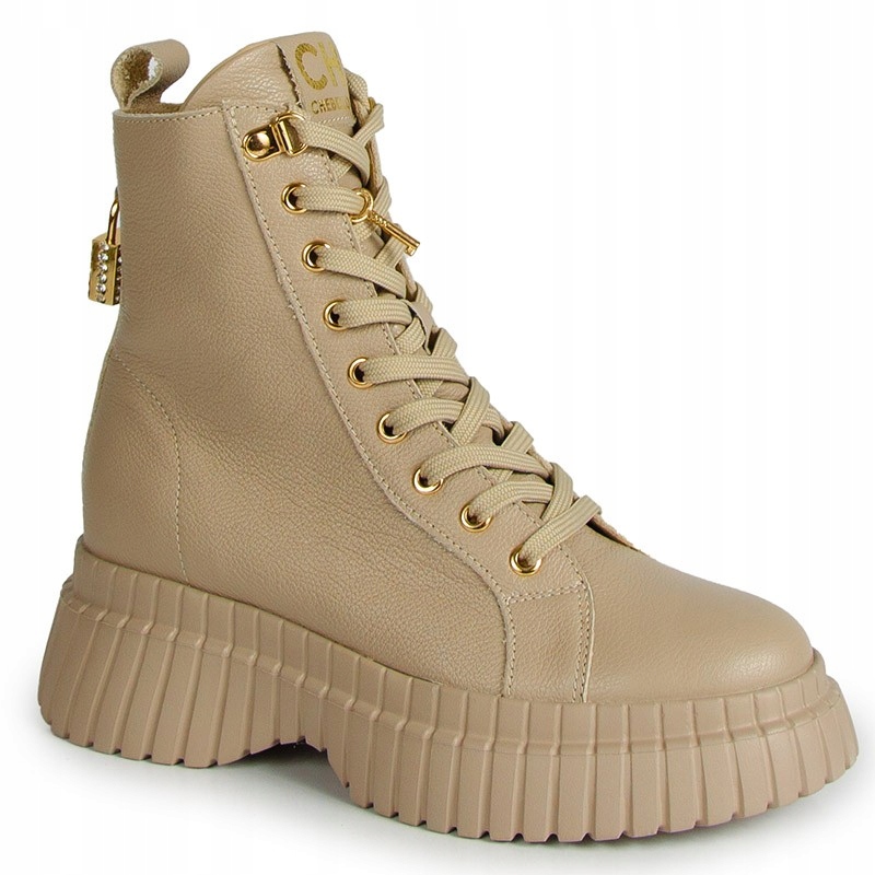 Chebello 4517 Béžové Kožené Kotníkové Boty S Ozdobou 38