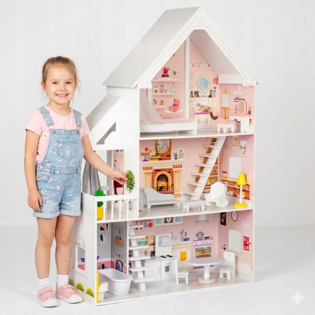 Domek Dla Lalek Drewniany 3 Piętra 5 Pomieszczeń XXL 15 mebelków Balkon