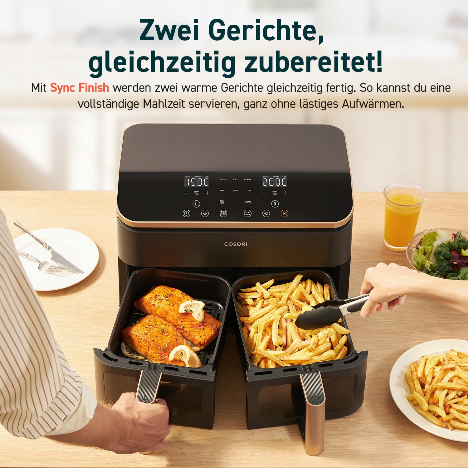 COSORI Frytkownica Beztłuszczowa 2 Komory 6w1 8.5L Złota Energooszczędna — miniatura 3