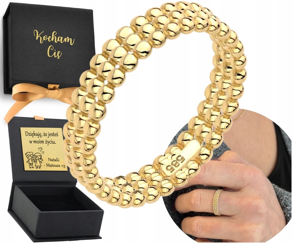 Złoty Pierścionek Kulkowy Trzy Rzędy Kuleczek Nowoczesny 585 Grawer