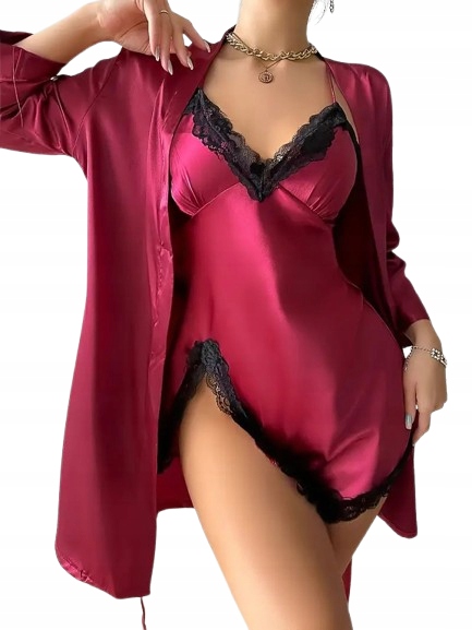Elegantní Bordový Komplet Saténový Župan Saténová Krajková Košile