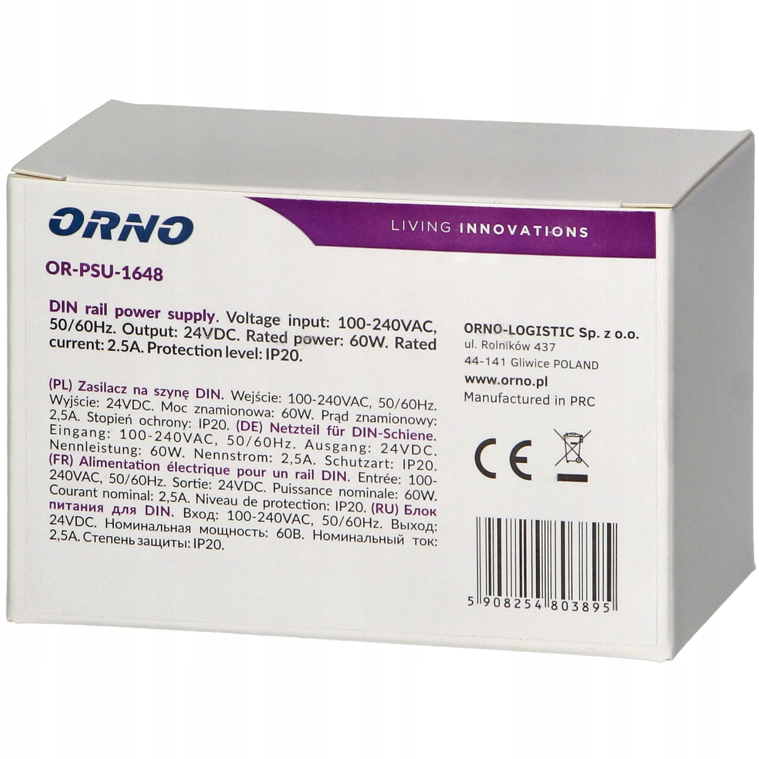 ZASILACZ NA SZYNĘ DIN 24V 2,5A 60W DO WIDEO DOMOFONU CCTV LED 3 MODUŁY ORNO Marka Orno