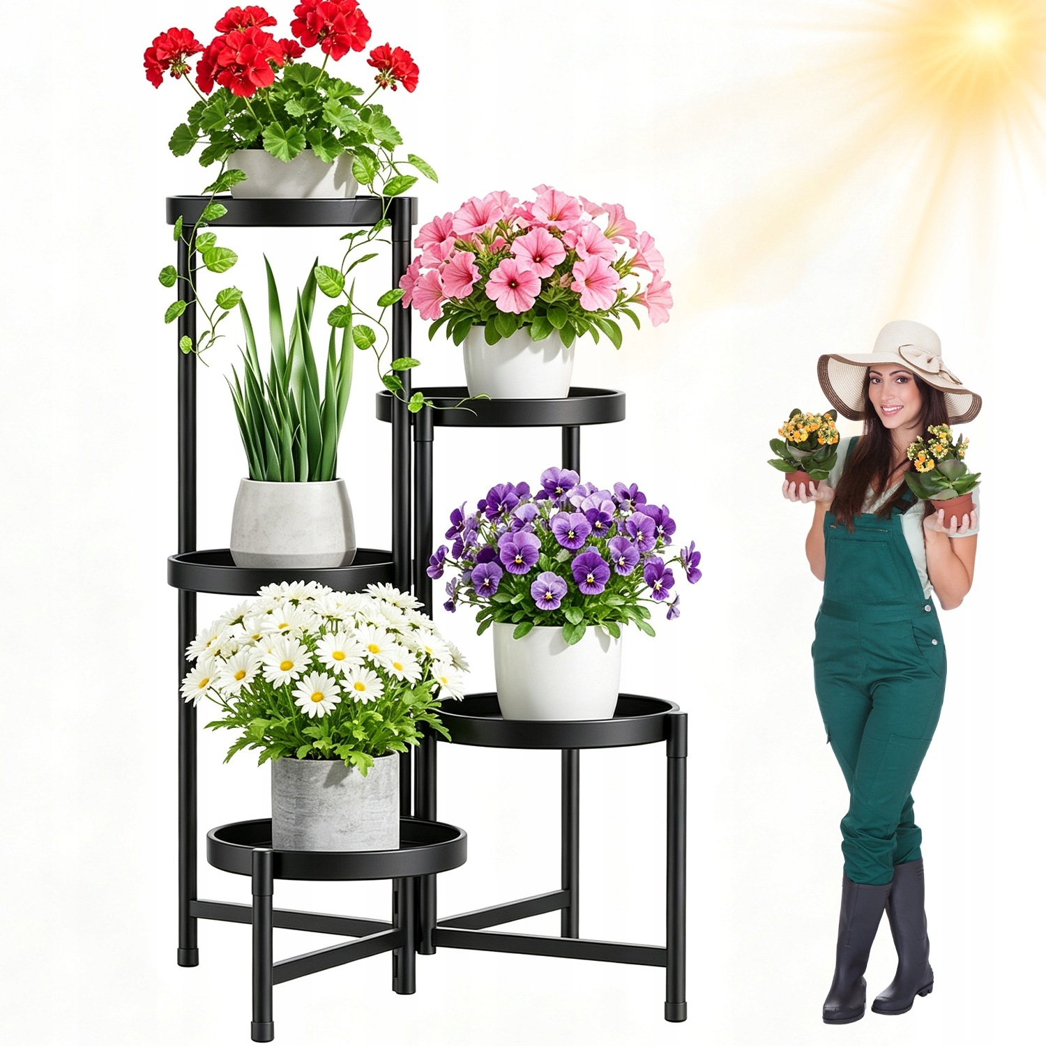 Držák Na Květináč Stojící Kovový Černý 5 Polic 80 CM Dekorativní Loftový Styl Obývacího Pokoje