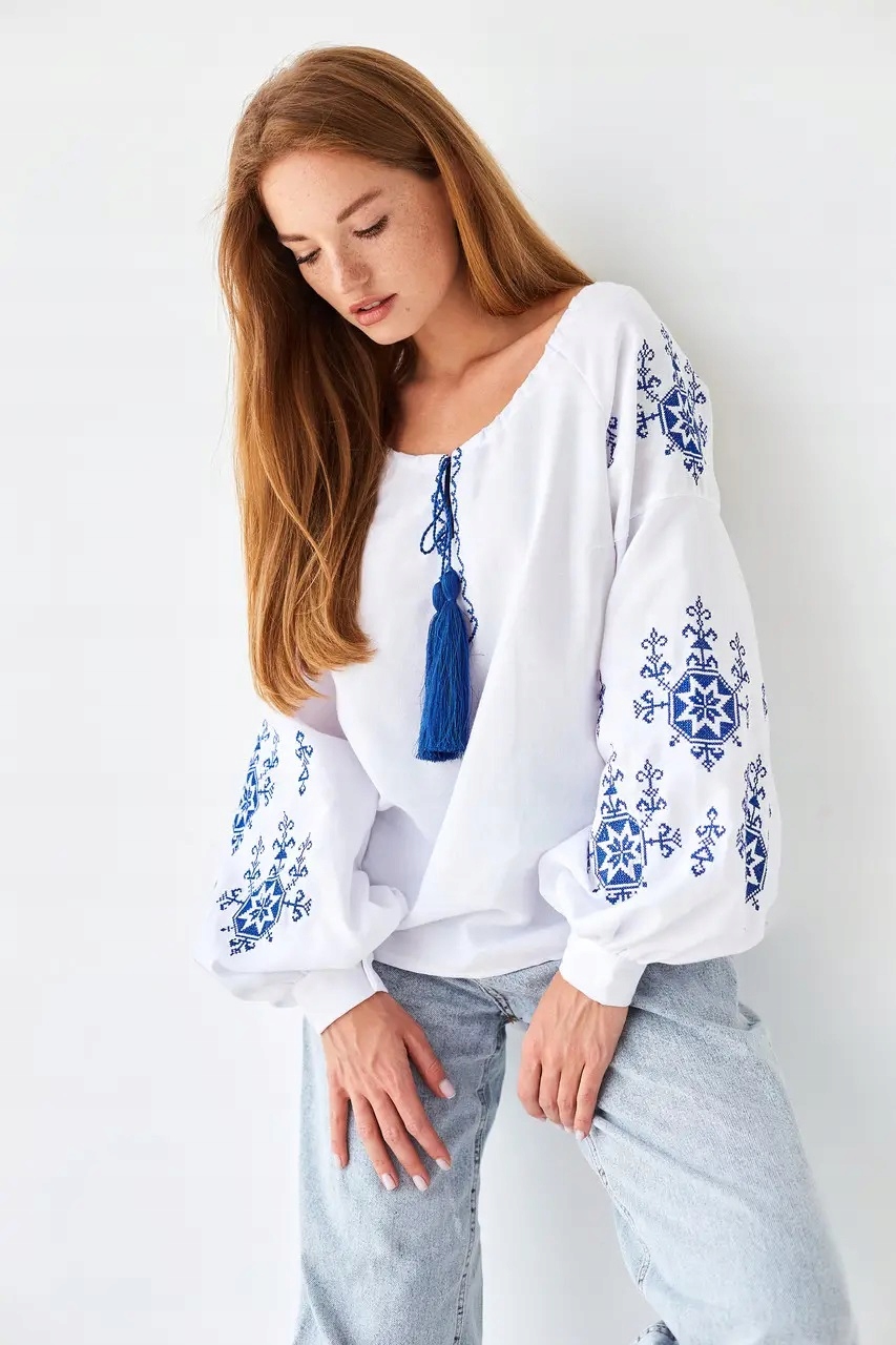 Koszula bluzka haftowana Ukraińska niebieskie gwiazdki XL