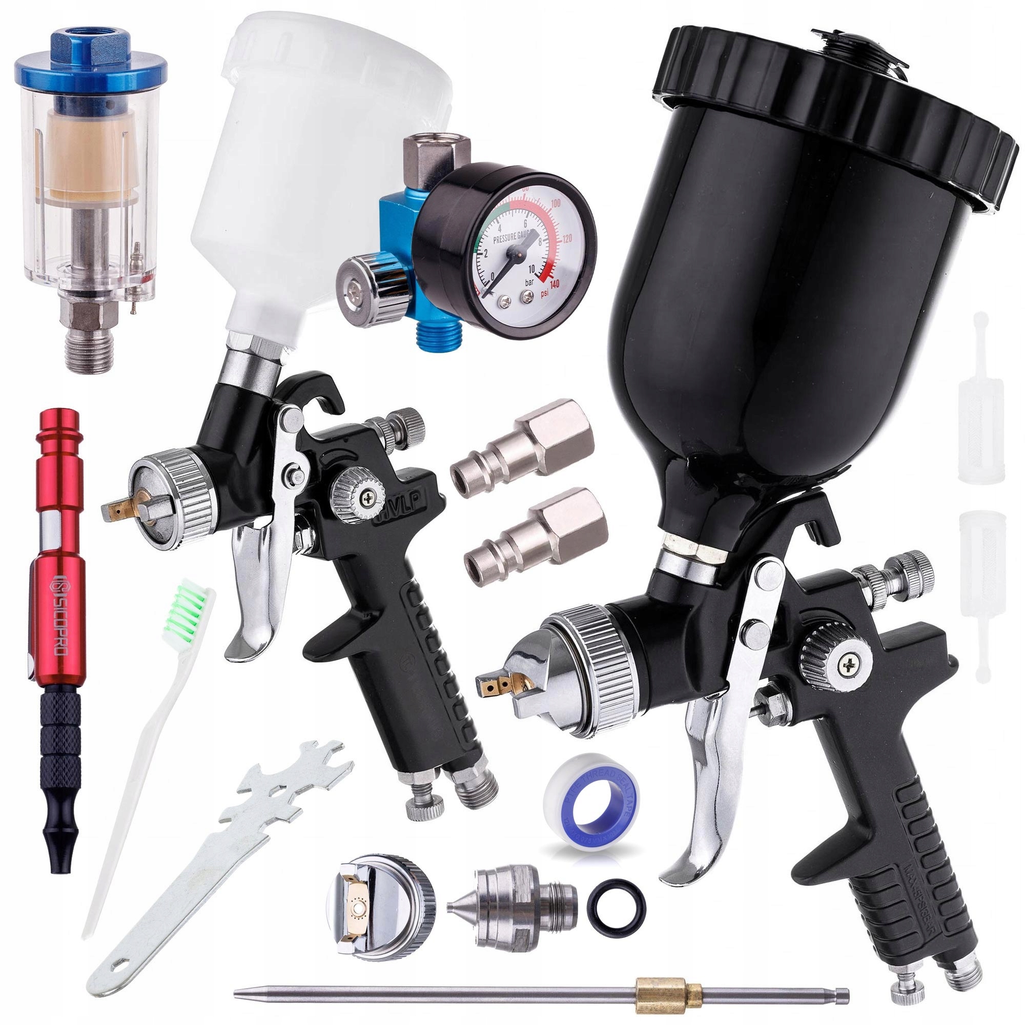 2x Pistole Na Malování Hvlp 0,8 1,4 1,7 Lakovací Reduktor Odvodňovač