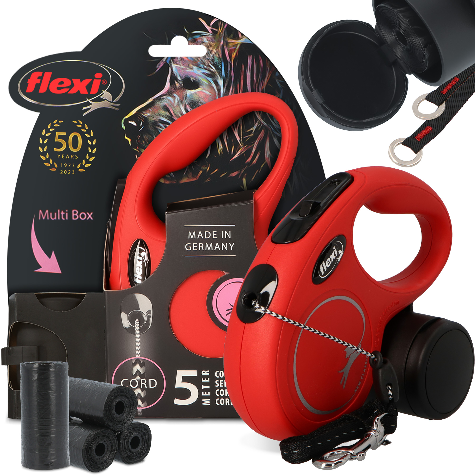 Levně Vodítko Psa Automatické 12kg Lanko 5m Kontejner Pouzdro Multi Box Sáčky x80