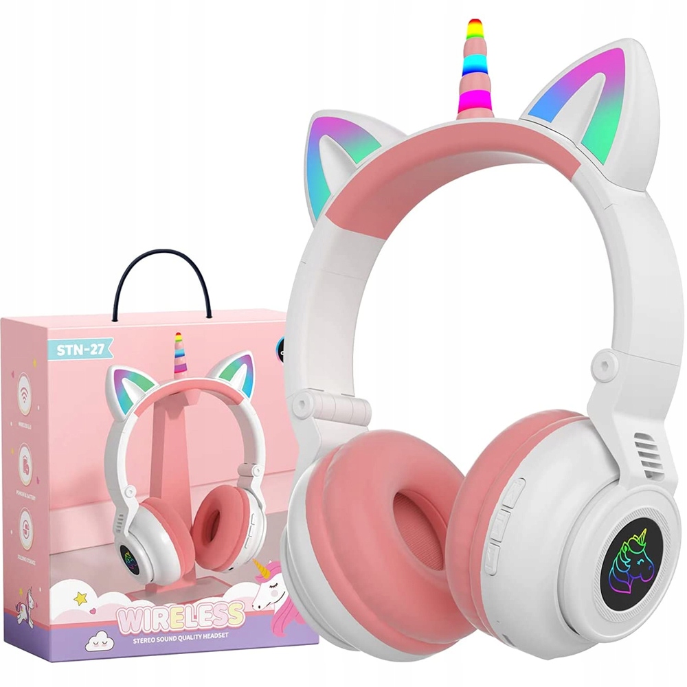 SŁUCHAWKI DLA DZIECI BEZPRZEWODOWE BT 5.0 LED RGB DO GRANIA PC JEDNOROŻEC