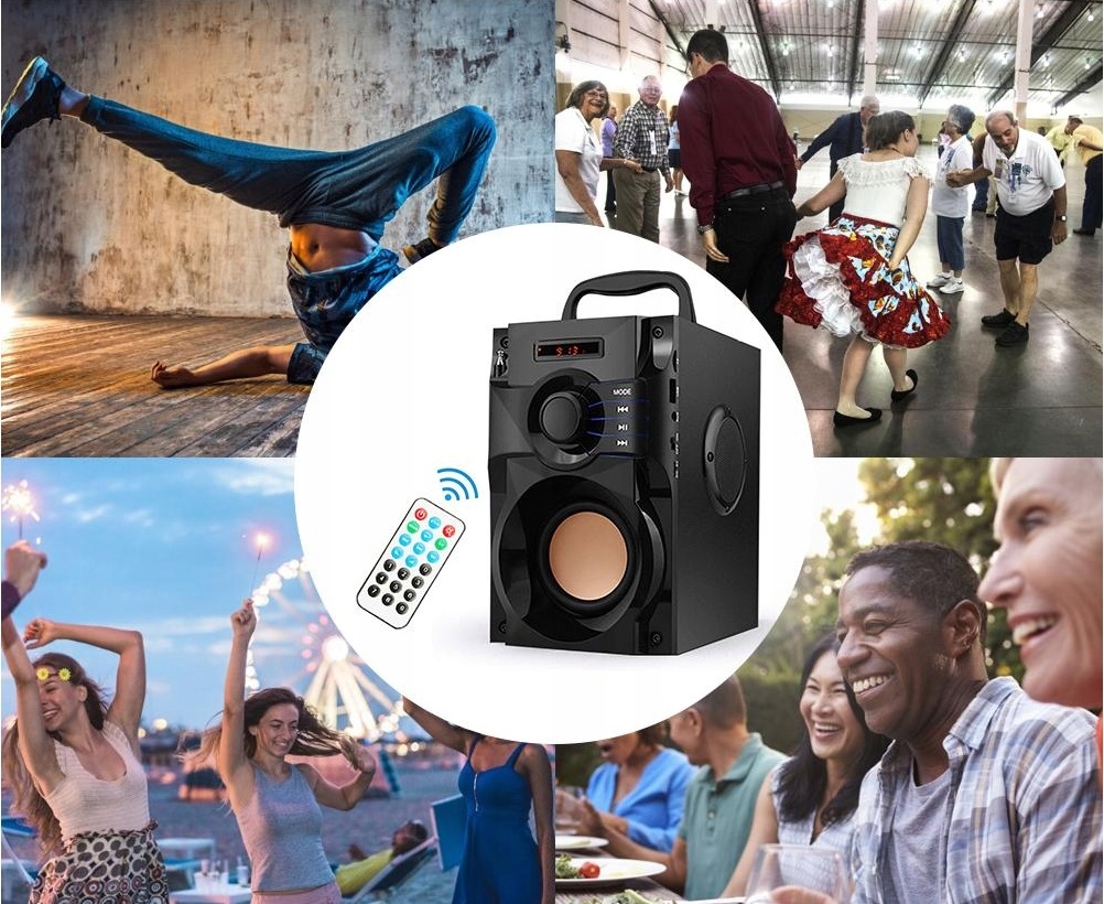 GŁOŚNIK BEZPRZEWODOWY BLUETOOTH MP3 RADIO FM SD STEROWANIE PILOTEM Z RĄCZKĄ Model Subwoofer głośnik Radio MP3