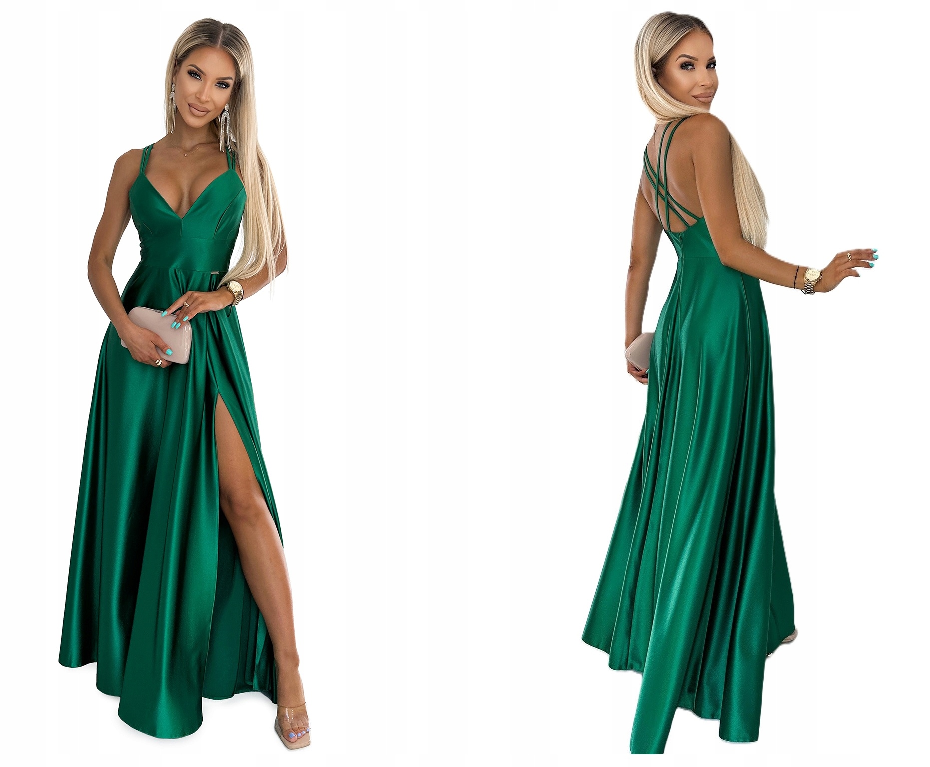 Saténové Šaty S Jedinečnými Ramínky Na Zádech, Lahvově Zelená Barva, Velikost XL