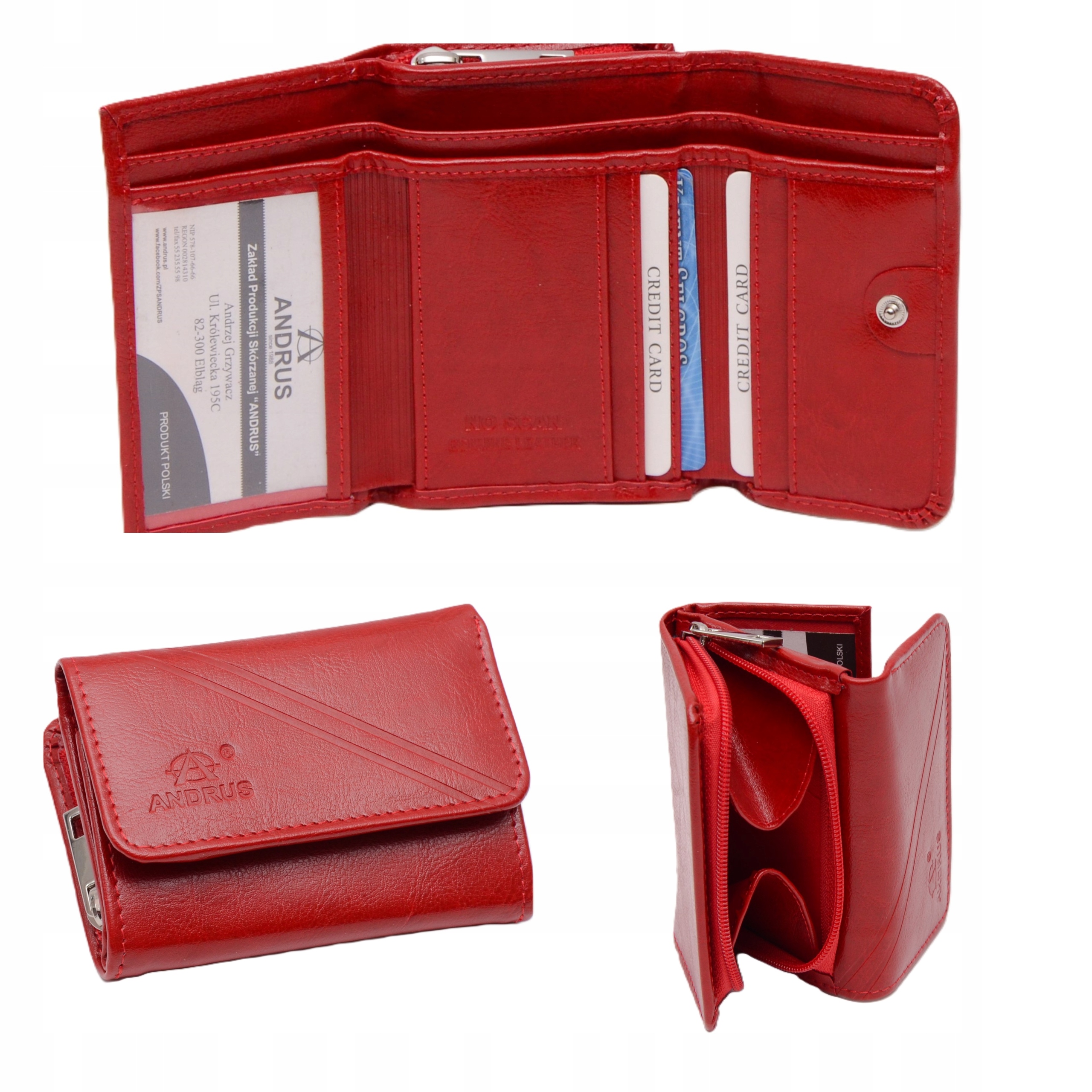 Zgrabny Damski portfel Andrus na Suwak Skóra Naturalna Czerwony