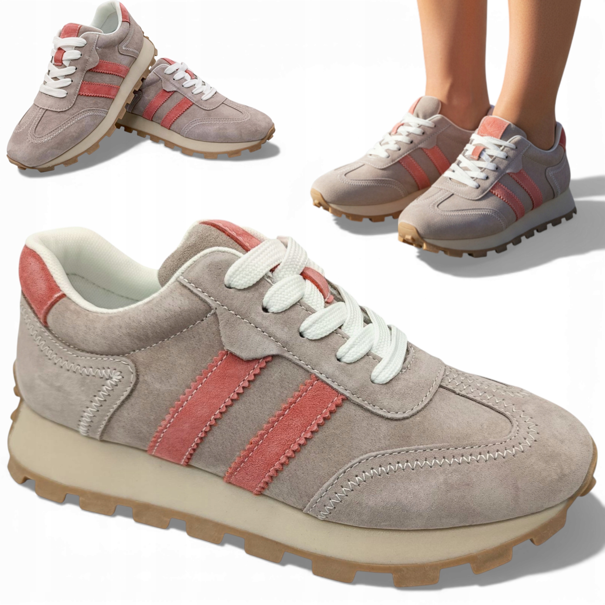 40 Barski Dámské tenisky z přírodní kůže na silné podrážce, šněrovací