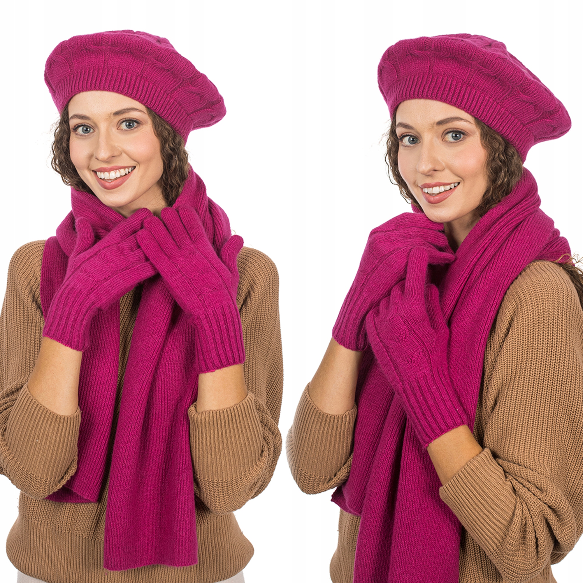 Fuchsiový komplet Beret Šátek Rukavice 3v1 Zimní Teplý Měkký