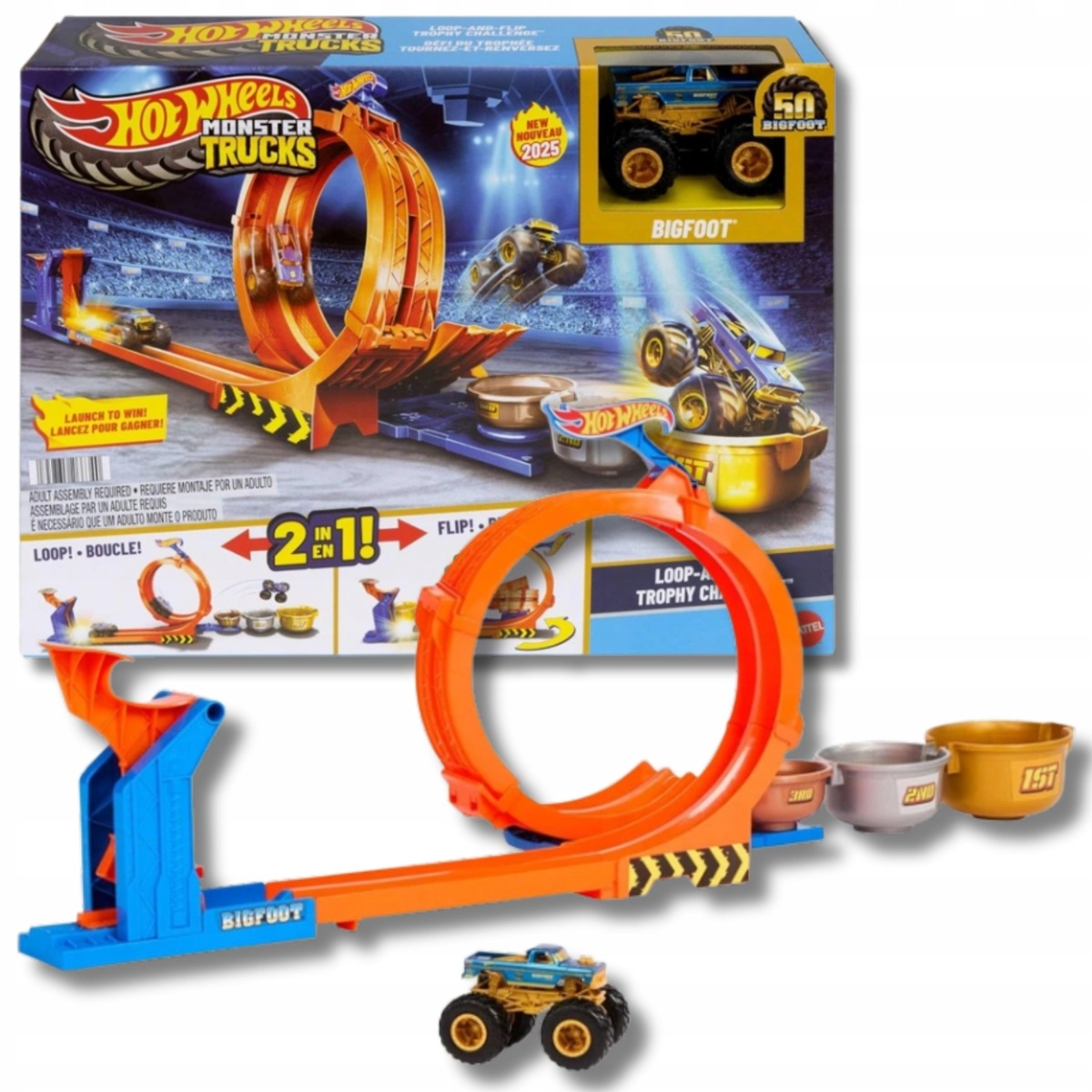 Hot Wheels Monster Trucks tor wyścigowy Bigfoot pętla skok do trofeum
