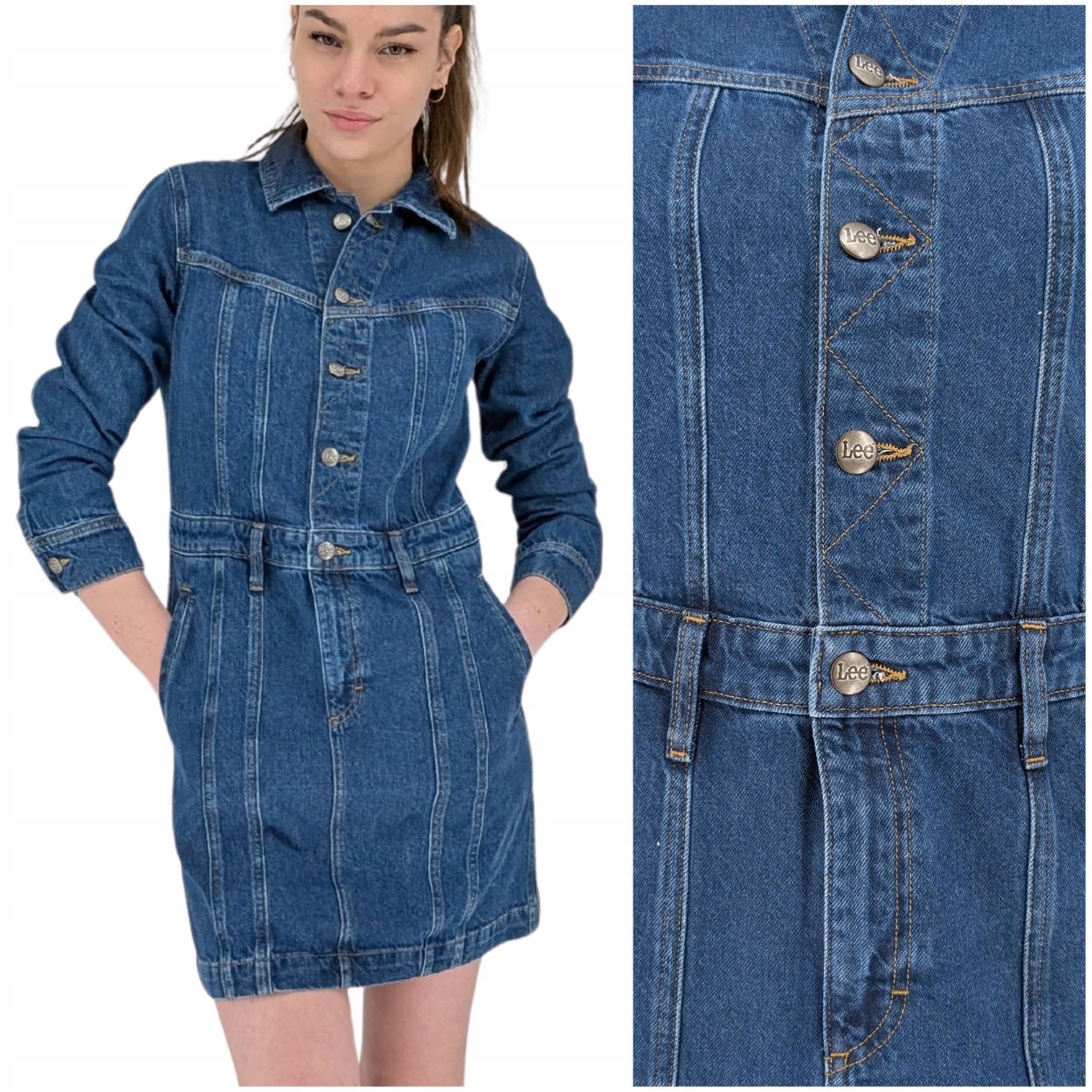 Lee Ls Seamed Dress Mid Stonewash vypasovaná šaty S