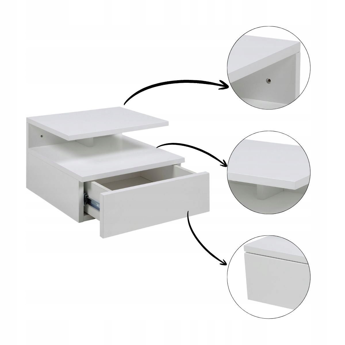 Moderná biela nočná skrinka, závesný nočný stolík s poličkou a zásuvkou