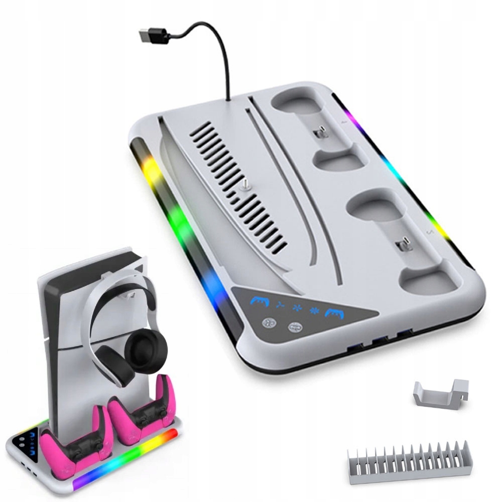 Podstawa PS5 Slim z ładowarką, systemem chłodzenia Rgb i wentylacją