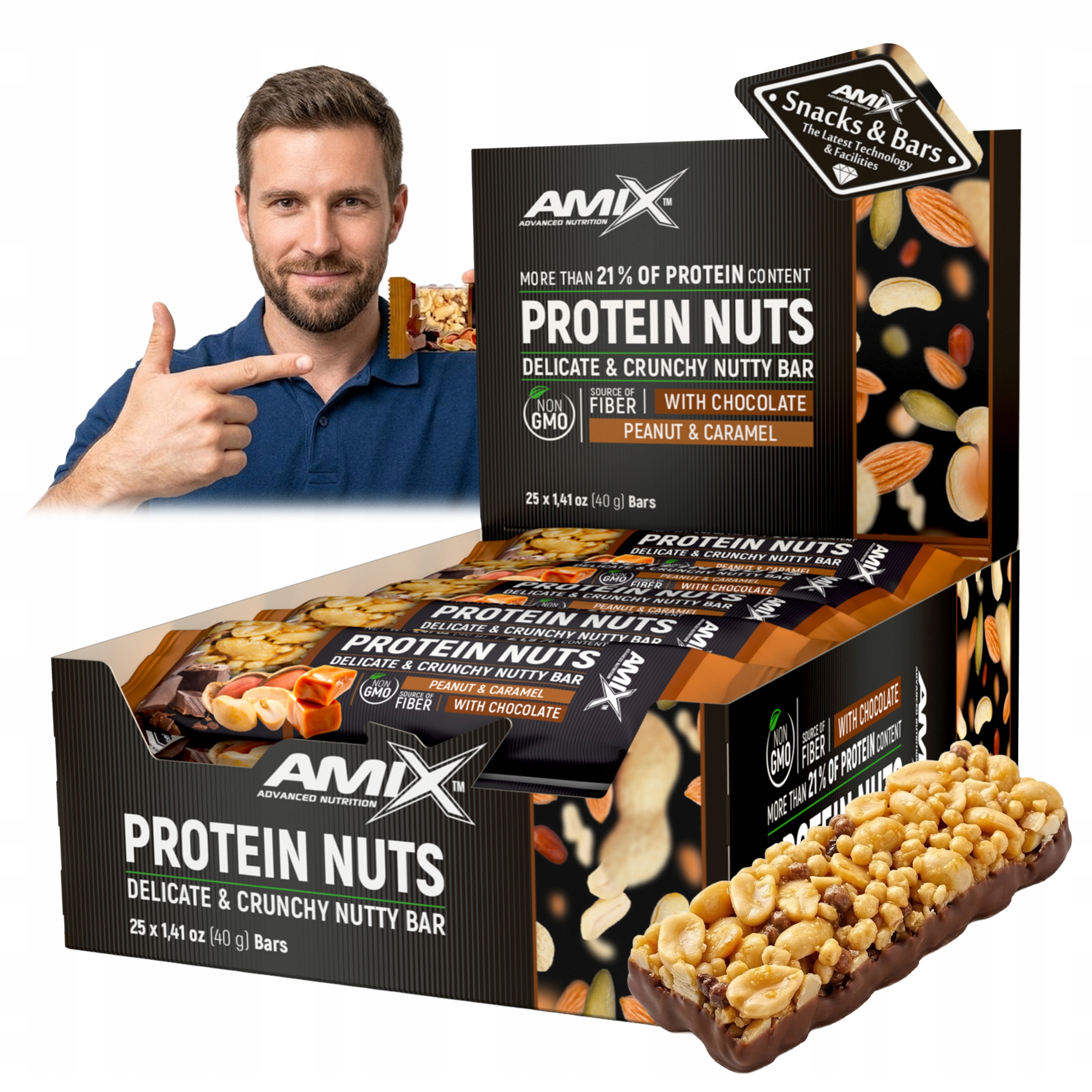 Baton Karmelowy z orzeszkami i czekoladą Amix Nuts Protein Nuts 21% białka
