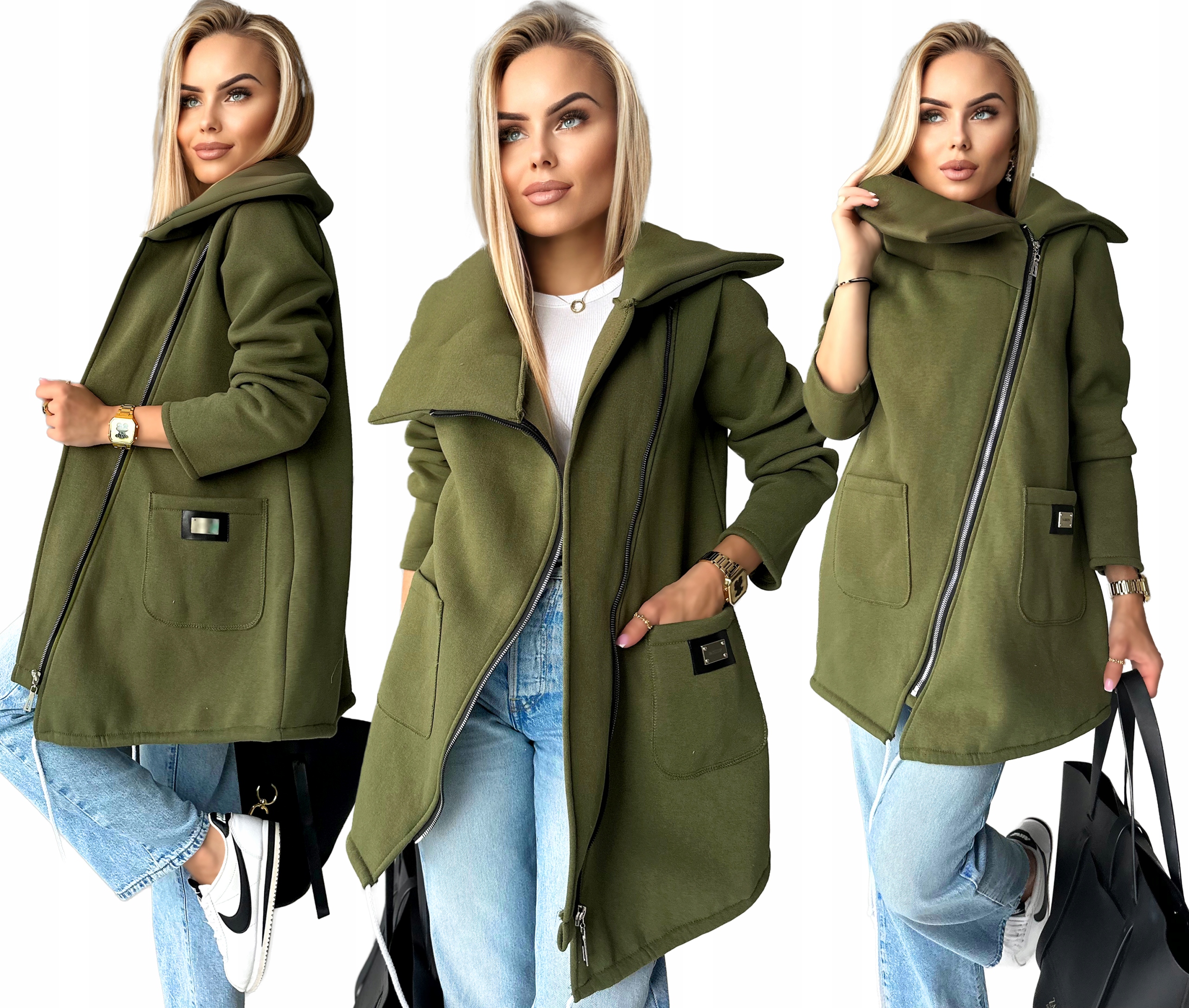 Gruba ciepła rozpinana Bluza damska Narzutka zamek skos stójka Mona