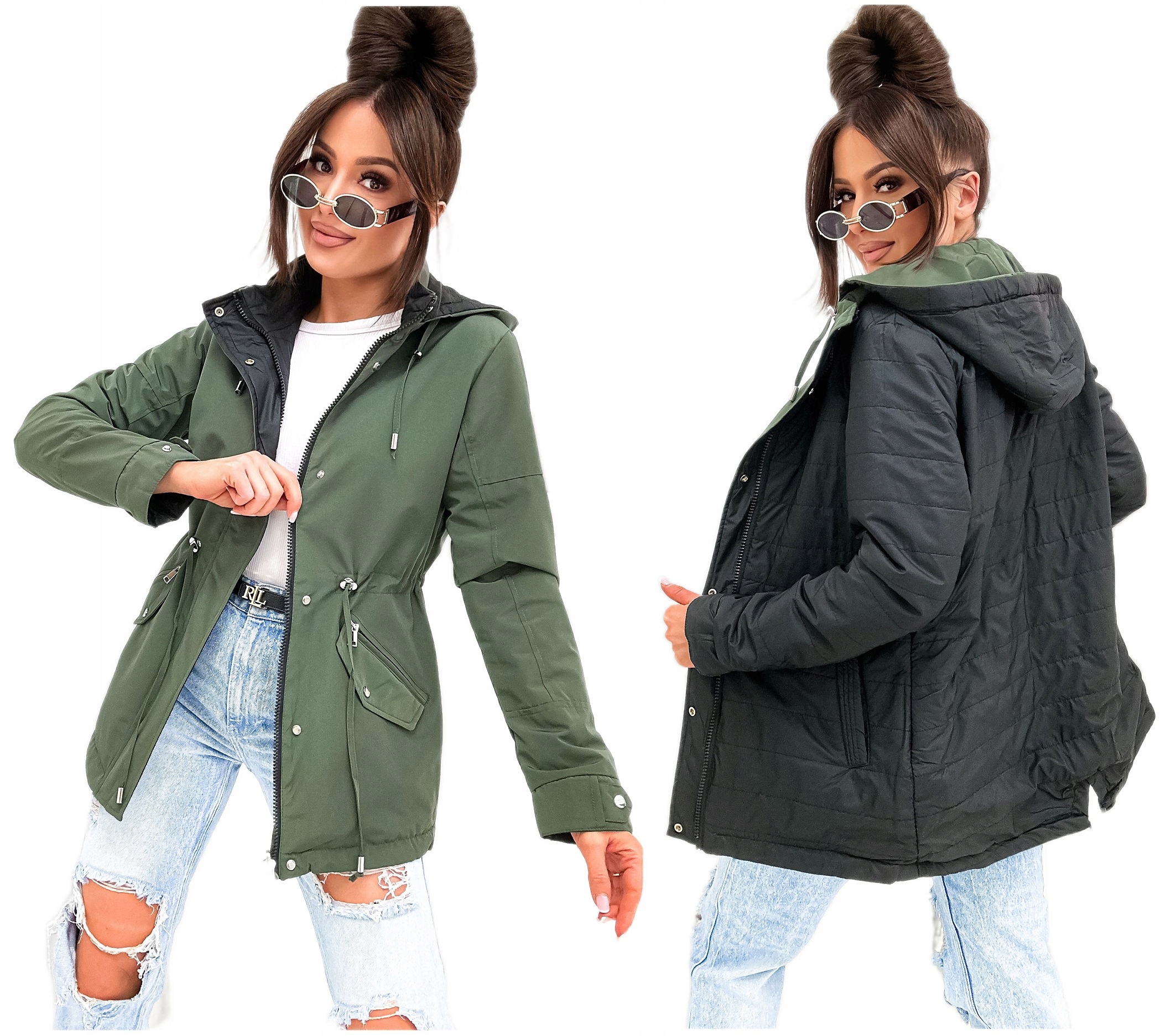 Kurtka Damska Wiosenna Przejsciowa Parka Dwustronna Zielona W82 Rozmiar M