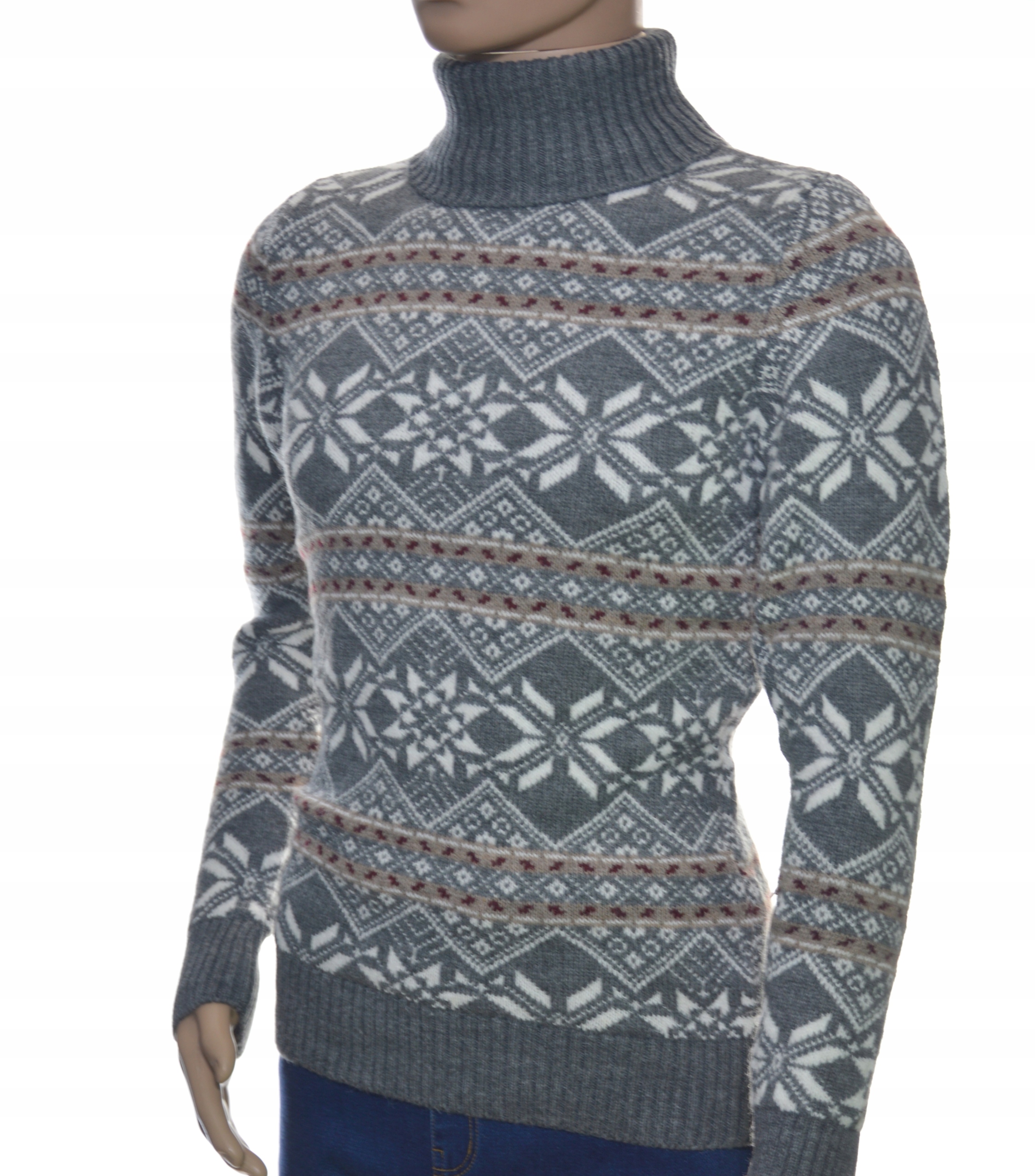 Pánský vlněný svetr s rolákem, teplý vlněný rolák s norským vzorem, velikost XL