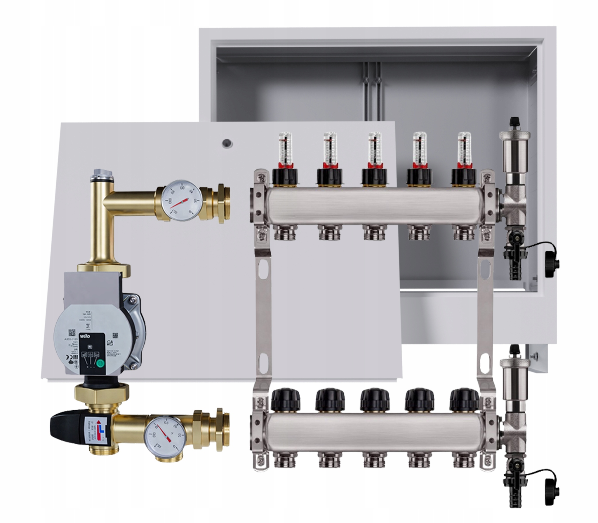 Nerezový rozdělovač pro podlahovku 5 s podomítkovou schránkou Pumpa Wilo