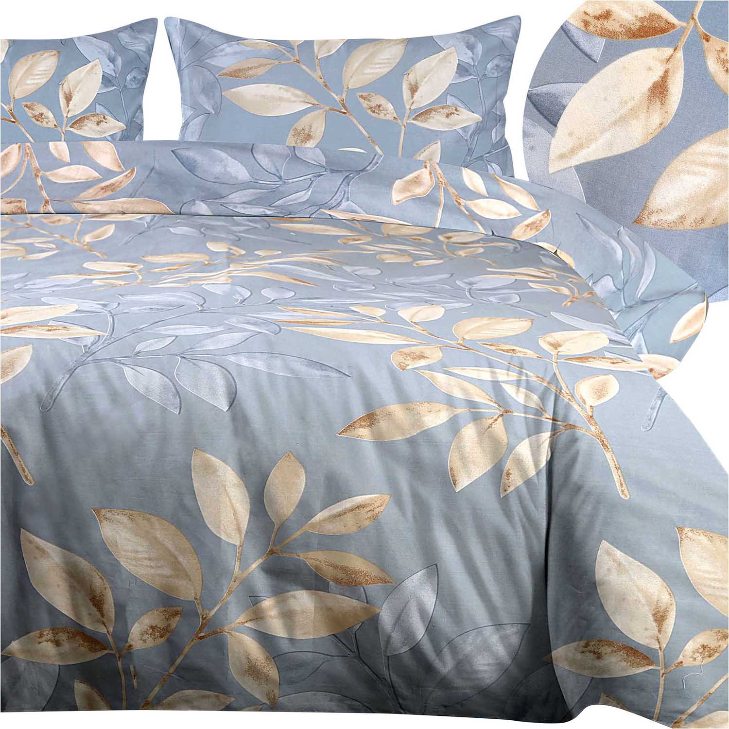 Pościel bawełniana 160x200 Cottonlove Liście niebieska beżowa