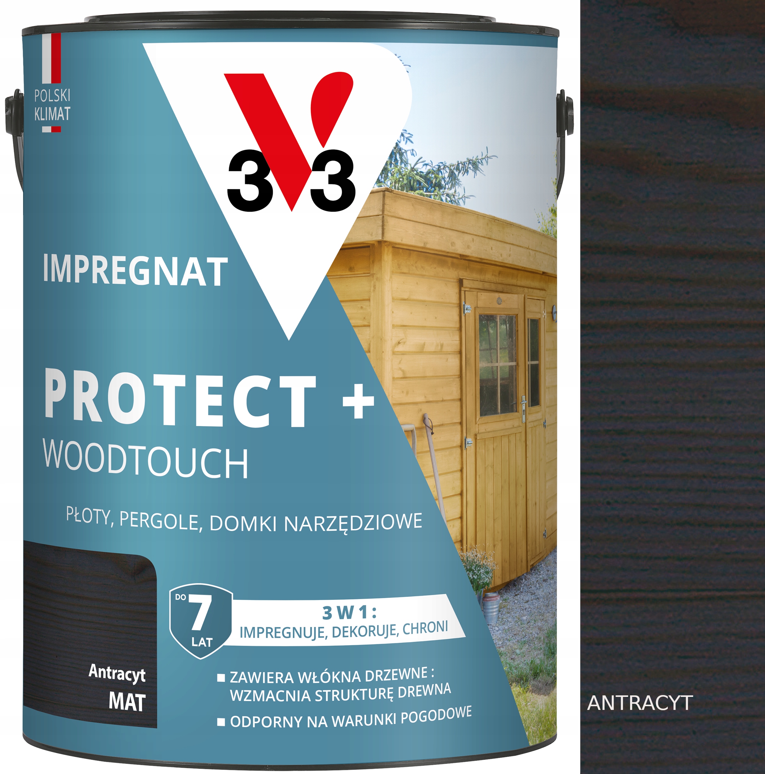 V33 Impregnat Protect+ do płotów pergoli domków narzędziowych antracyt 4,5l