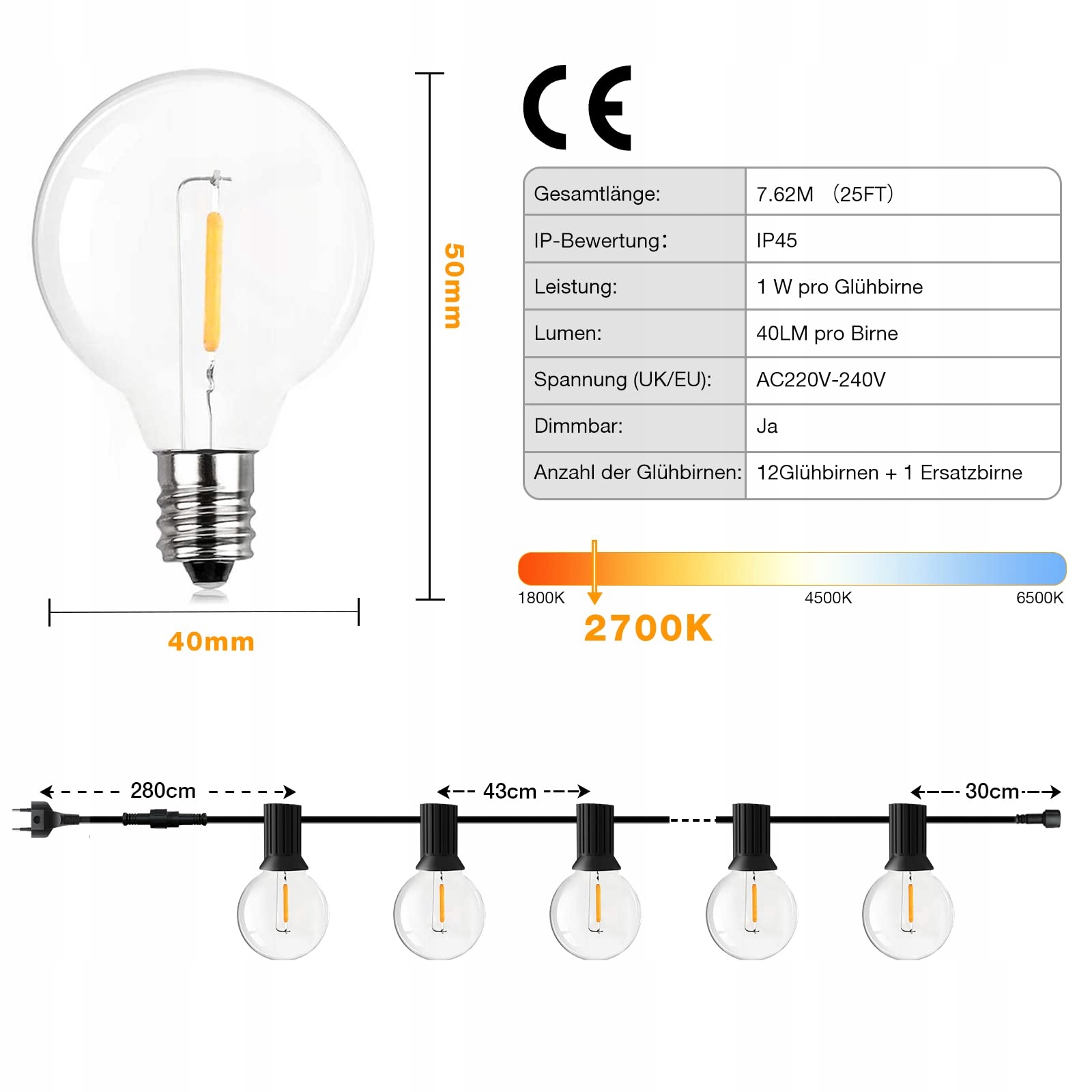 GPATIO Lampa LED Zewnętrzna 7,6M 13 Żarówek G40 IP45 Wodoodporna — miniatura 6