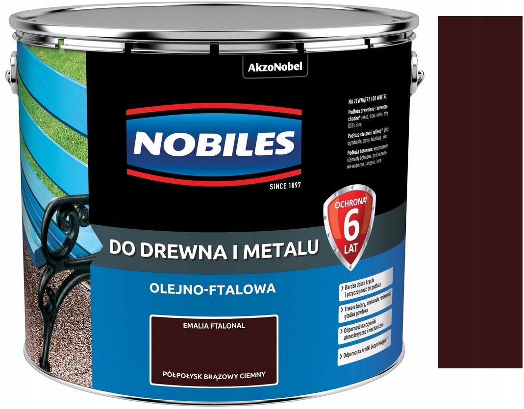 Nobiles Ftalonal Farba Olejna Do Drewna Metalu Brązowy Ciemny Półpołysk 10L