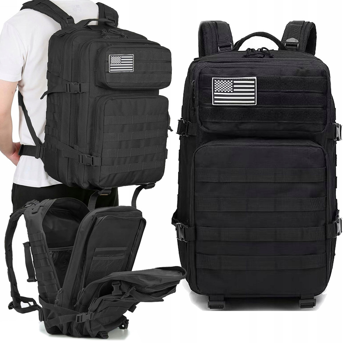 Plecak Wojskowy Militarny Turystyczny Duży Czarny 45 Litrów Wodoodporny