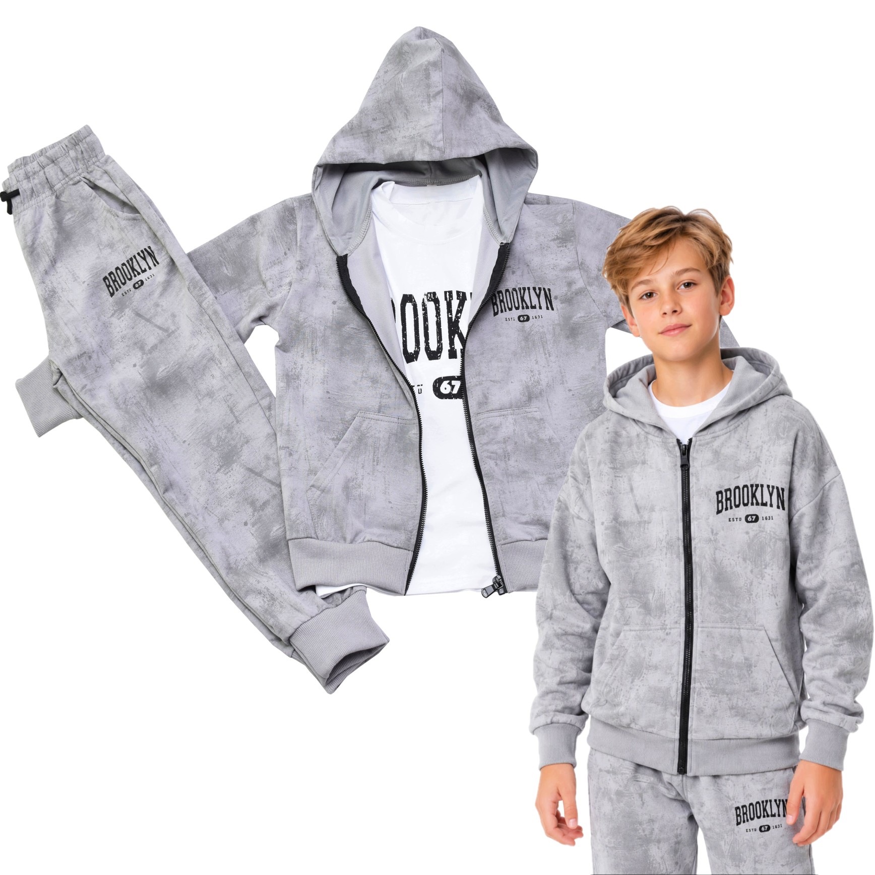 Dres Chłopięcy Komplet Dresowy 3 Częściowy Szary Brooklyn Chłopiec 140/146