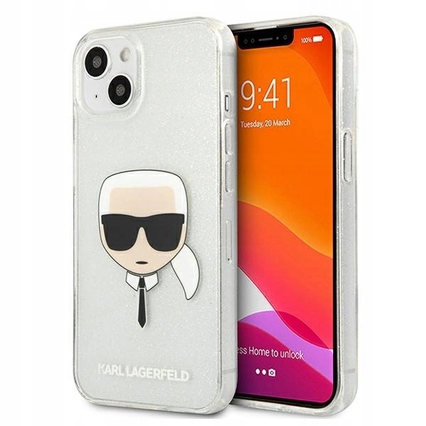 Etui Karl Lagerfeld Glitter Karl's Head na iPhone 13 mini srebrne