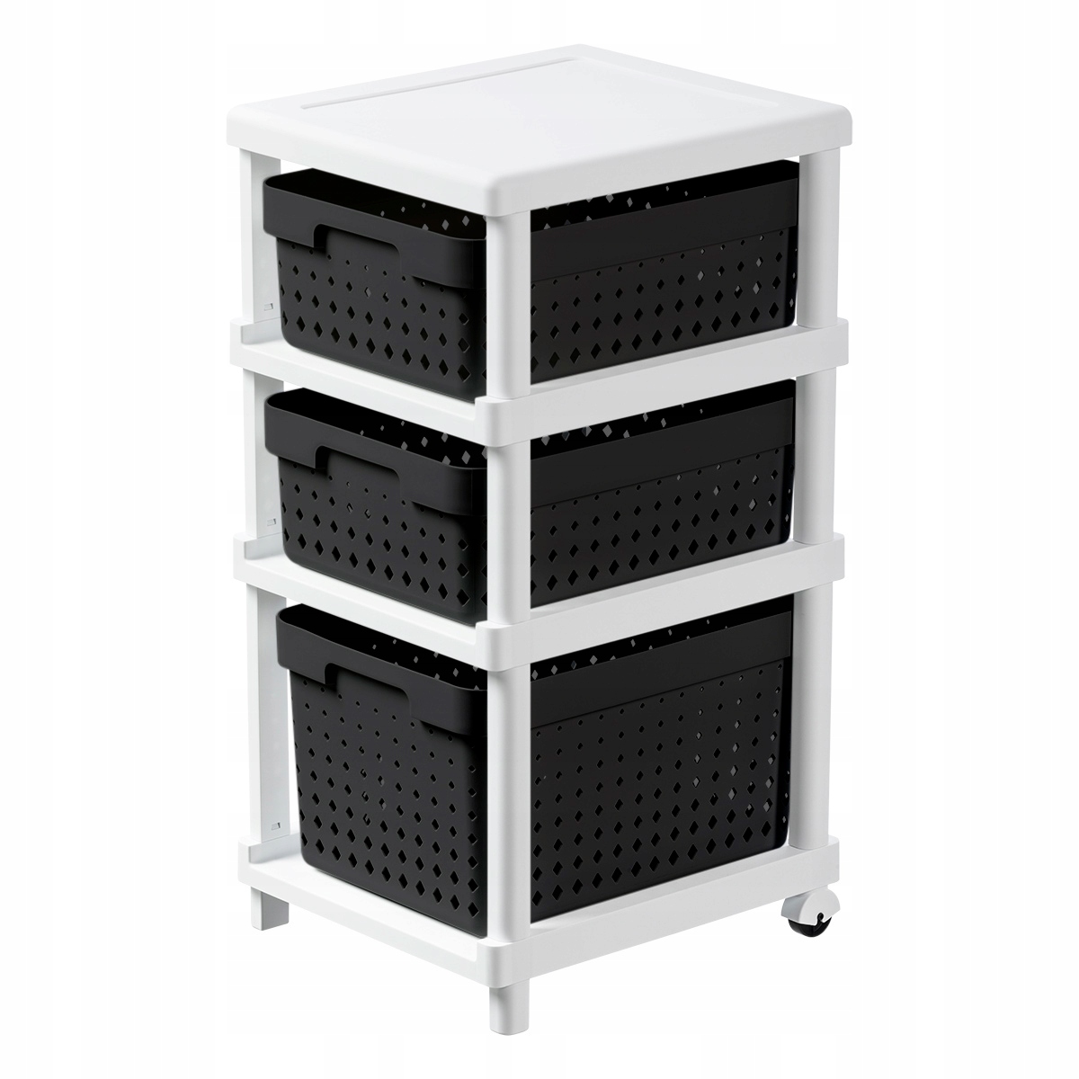 Policový Regál Komoda Koupelnový Stojan Se 3 Košíky Dvě Kolečka Bílo-černá