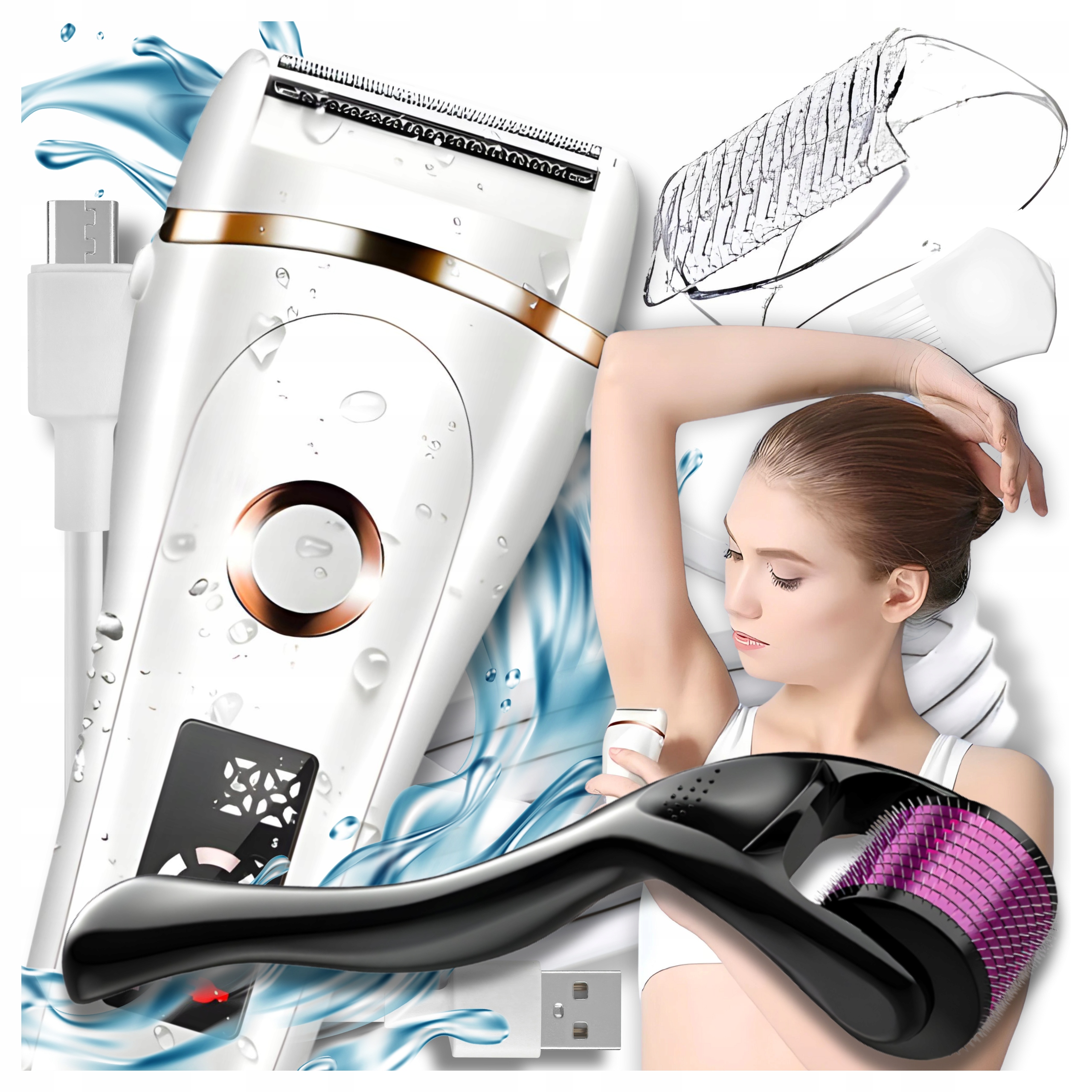 Depilator Maszynka Damska Do Golenia Elektryczna Masażer Roller Z Igłami