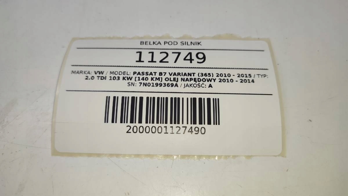 WÓZEK PRZÓD SANKI WAHACZ VW PASSAT B7 2.0 TDI 7N0199369A Typ silnika Diesel