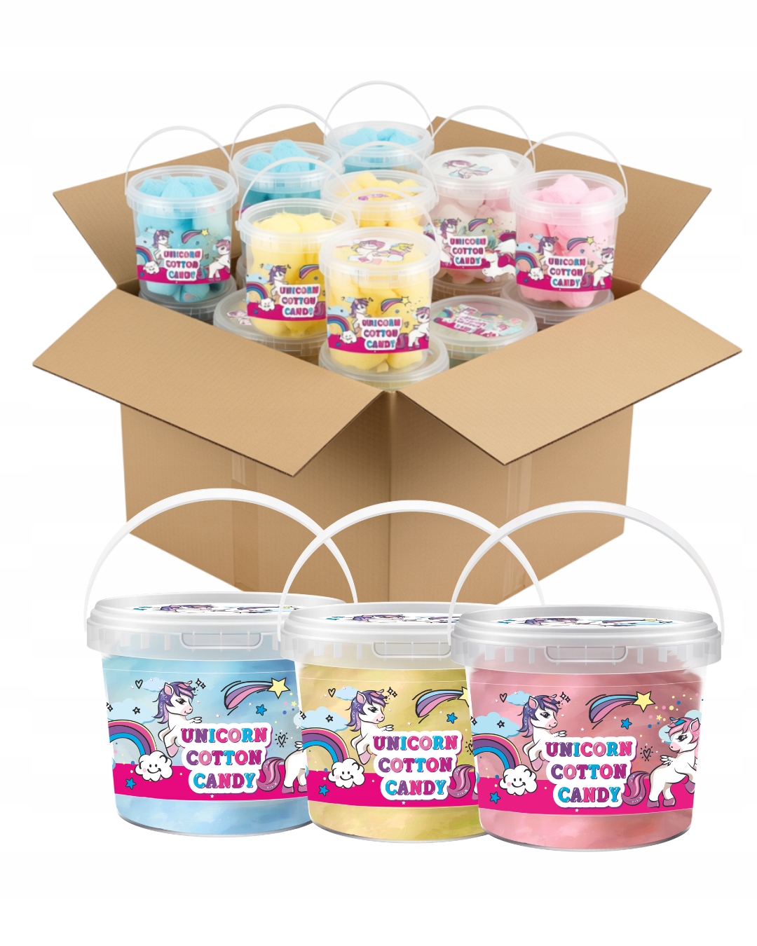 Unicorn cotton candy wata cukrowa w wiaderku 24 x 50g 1 L na Dzień Dziecka