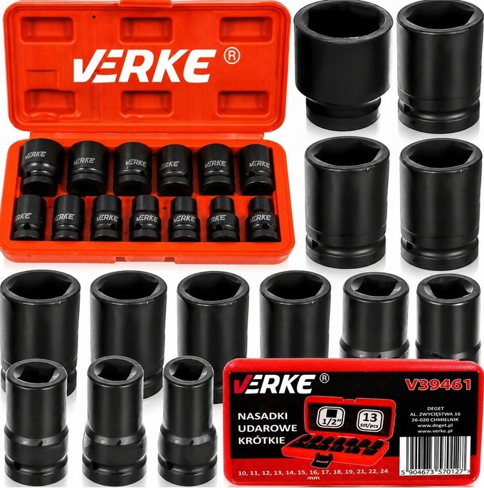 Verke V39461 Nasadki Udarowe 1/2 Krótkie Zestaw Nasadek Udarowych 10-24mm