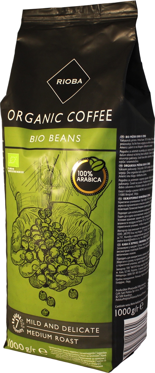 Levně Káva zrnková Arabica Rioba Organic Coffee Bio Beans Medium 1KG 1000 g