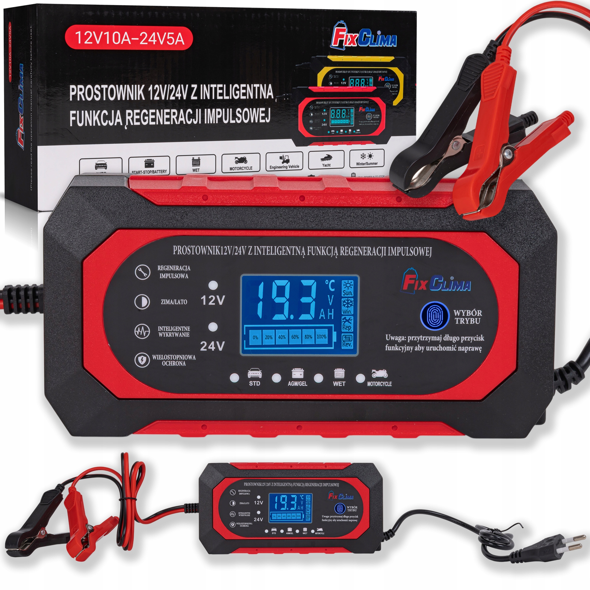 Prostownik Automatyczny Inteligentny Ładowarka Akumulatora LCD 12V 24V