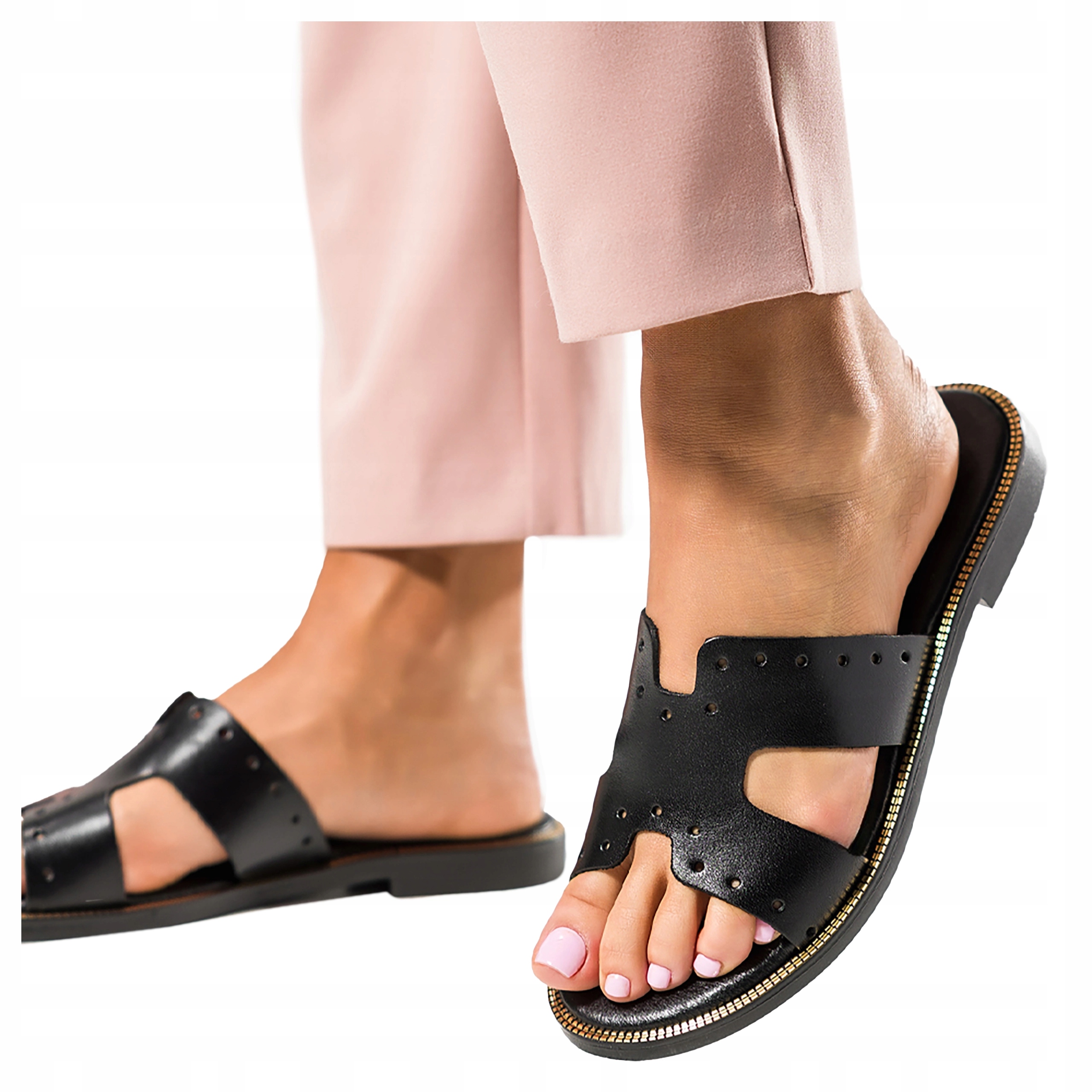 Černé Nazouváky Kožené Dámské Ploché Ozdobné Podrážka Polský Výrobek vel. 36