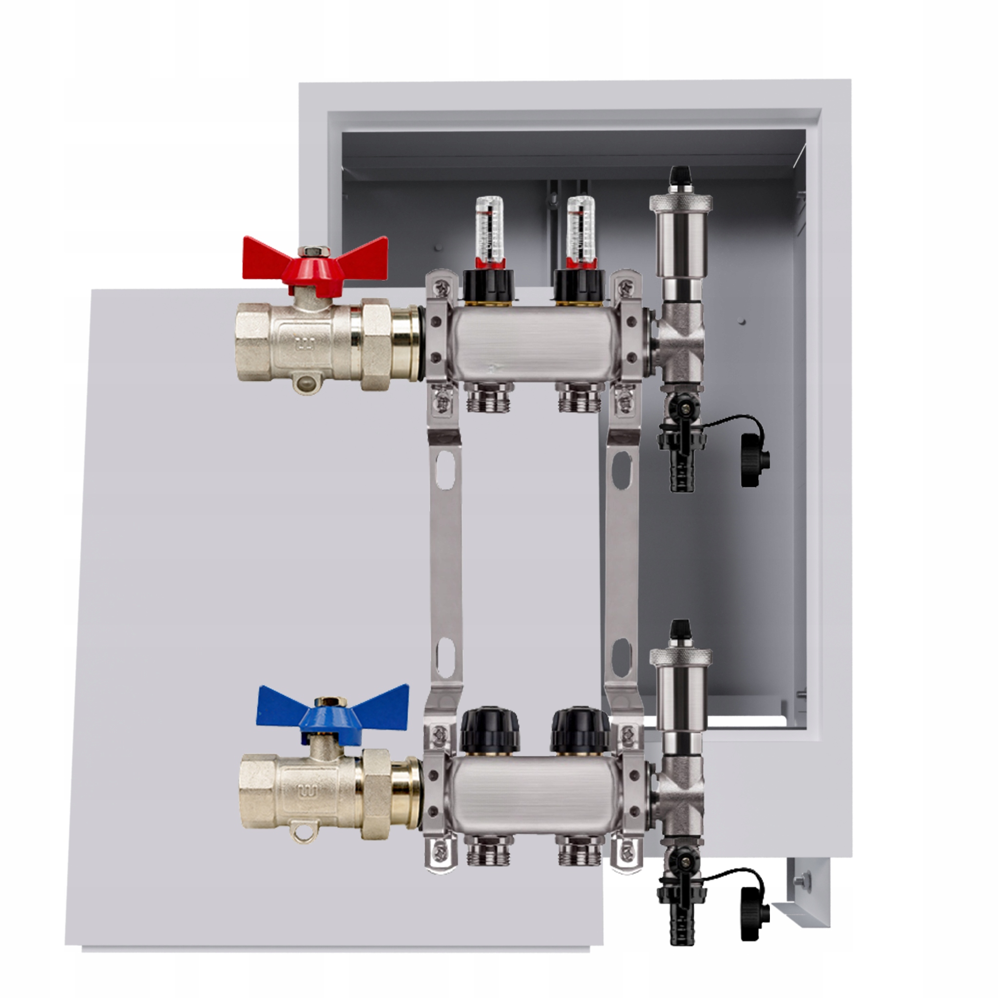 Nerezový rozdělovač podlahových krytin 2 okruhy podomítková skříňka ventily