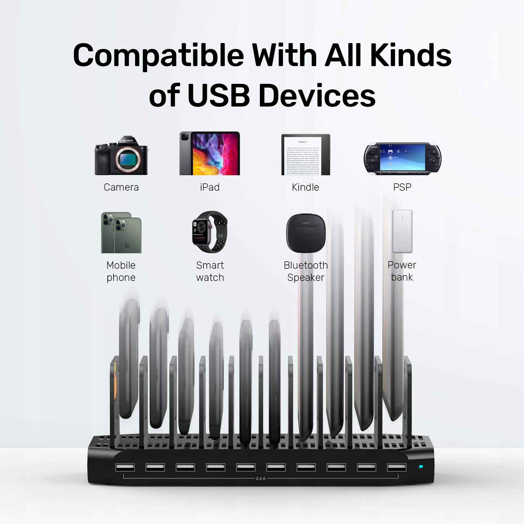 UNITEK Stacja Ładowania 60W 10 Portów USB Organizer na Tablety i Urządzenia — miniatura 7