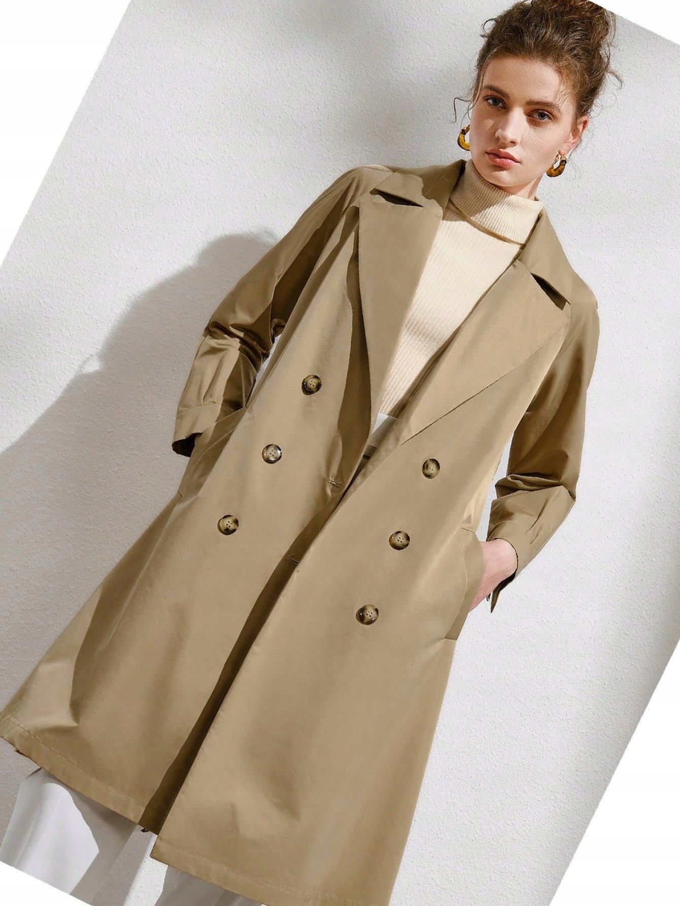 Dámský každodenní ažurový dvouřadý kabát Camel Trencz Midi M 38