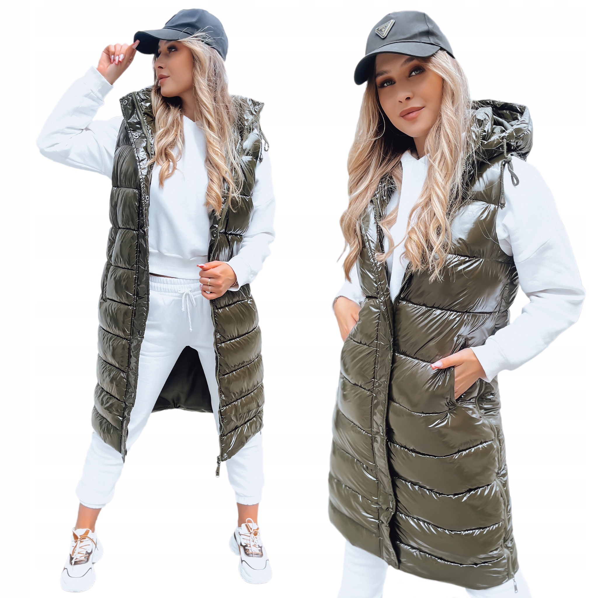 DŁUGA PIKOWANA KAMIZELKA DAMSKA Z KAPTUREM roz. M