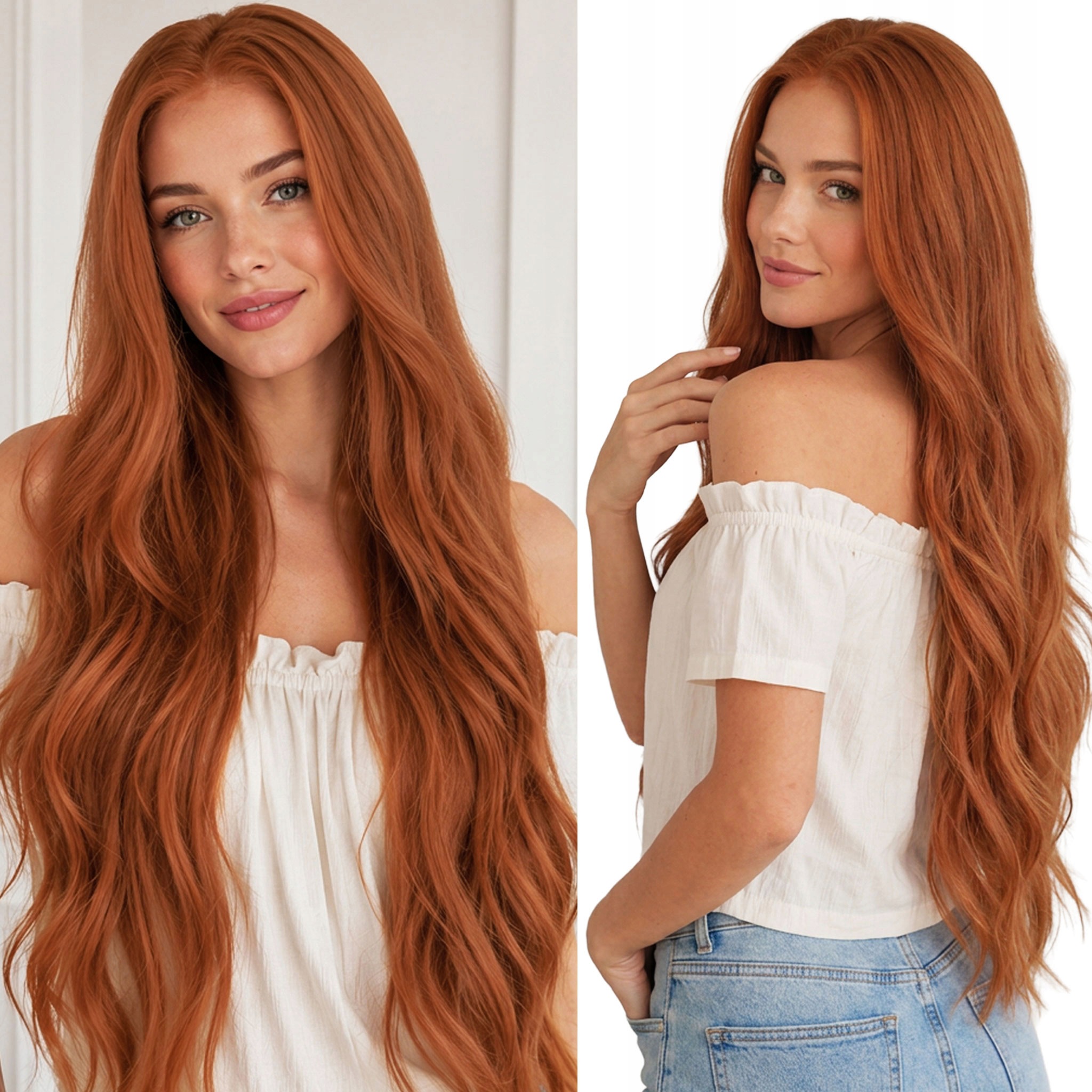 Peruka Syntetyczna fale bardzo długa 80cm orzechowo rudy Lace front 300g
