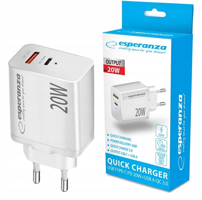 Esperanza Ładowarka Sieciowa 20w Usb- C Pd 20w Usb- a Qc 3. 0 18w Biała