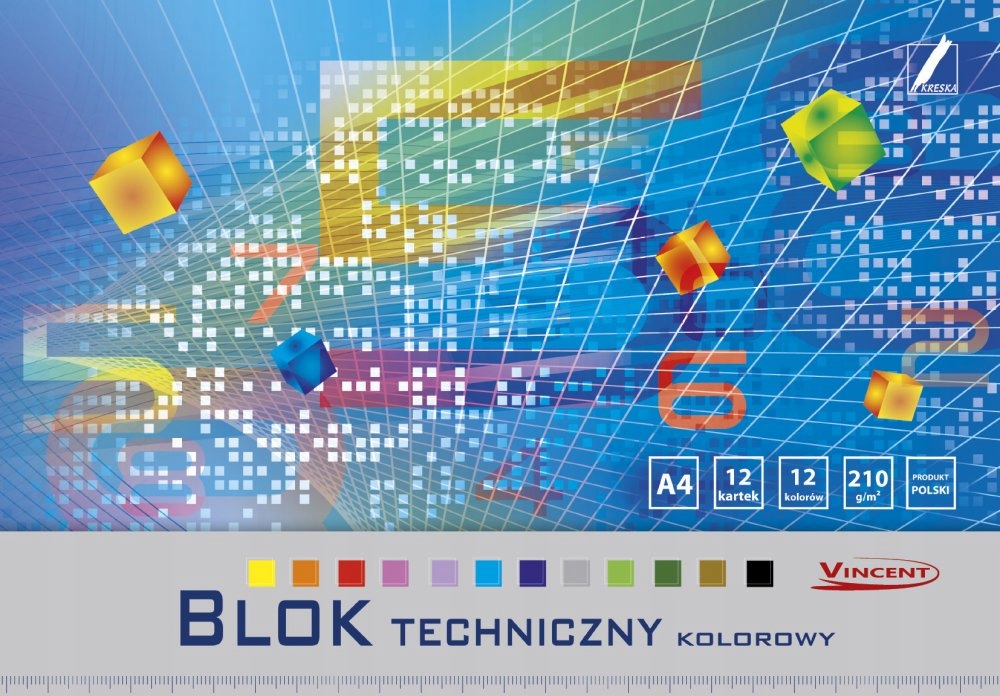 BLOK TECHNICZNY 12 KOLOROWYCH KARTEK ARKUSZY A4 VINCENT Kreska Stan opakowania oryginalne