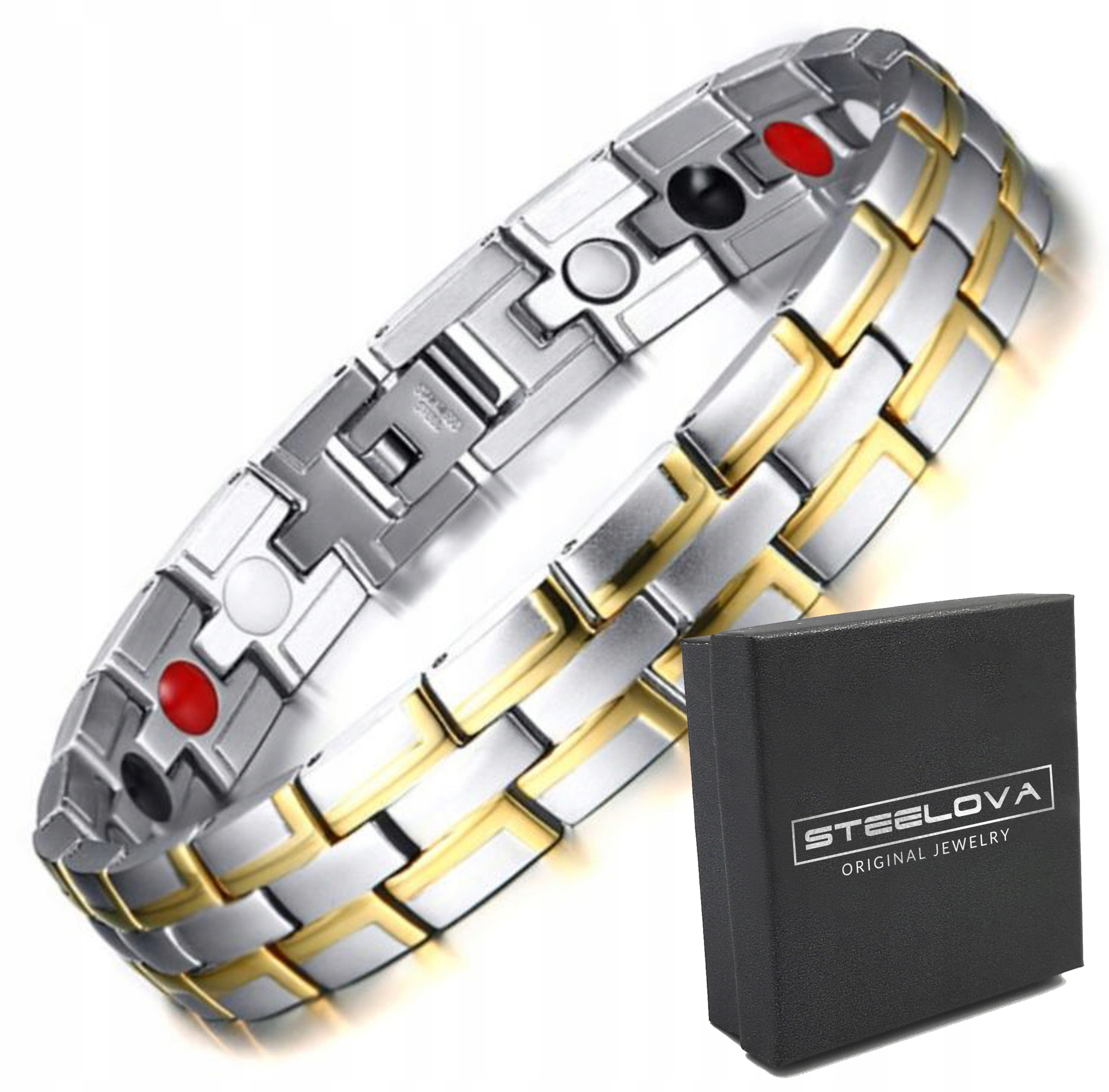 Stříbrný magnetický náramek se zlatými vložkami, magnetoterapie