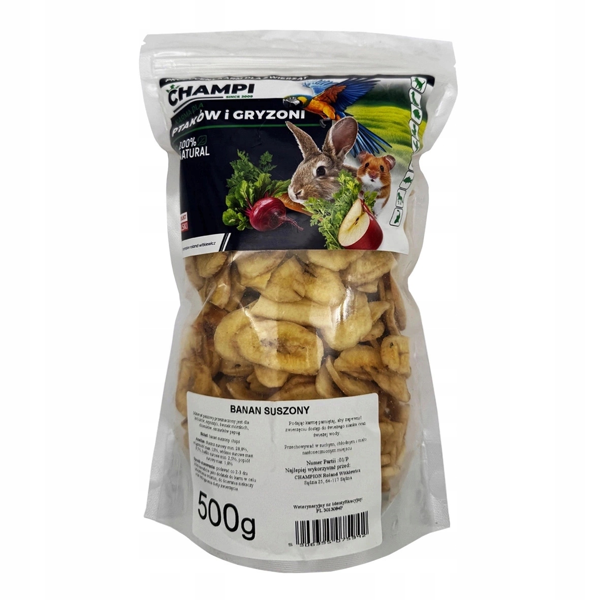 Banan 500g suszony przysmak dla papug chipsy bananowe Champi Stan opakowania oryginalne